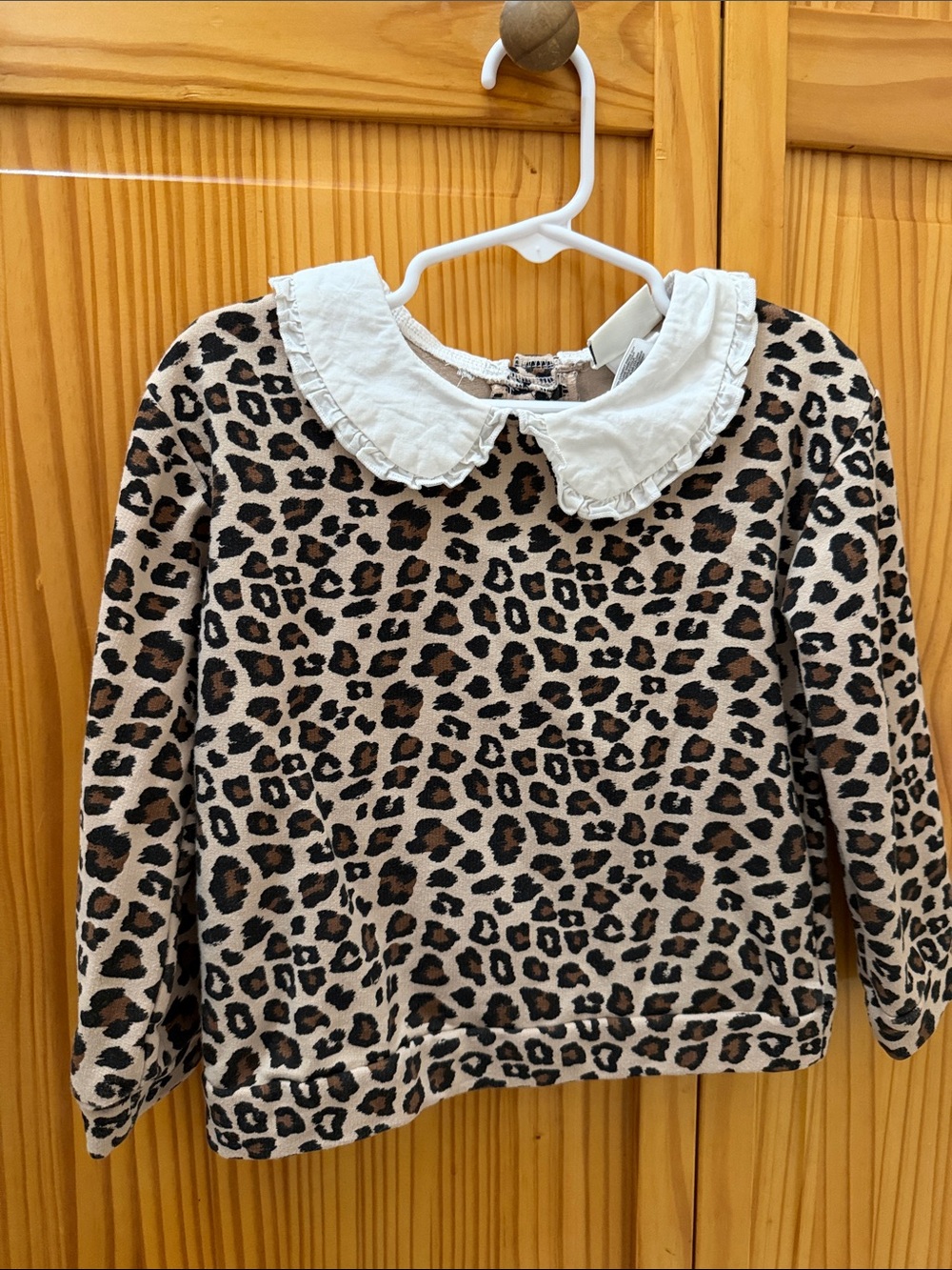 Girls' Leopard Print Long-Sleeve Top with Ruffle Collar - Cream/Brown